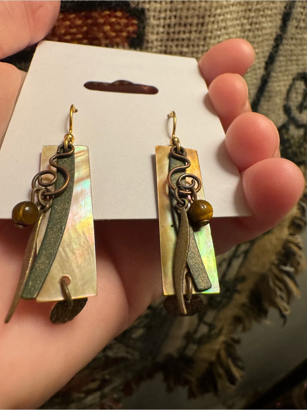 Silver Forest Iridescent Shell Drop Earrings with Bronze Accents